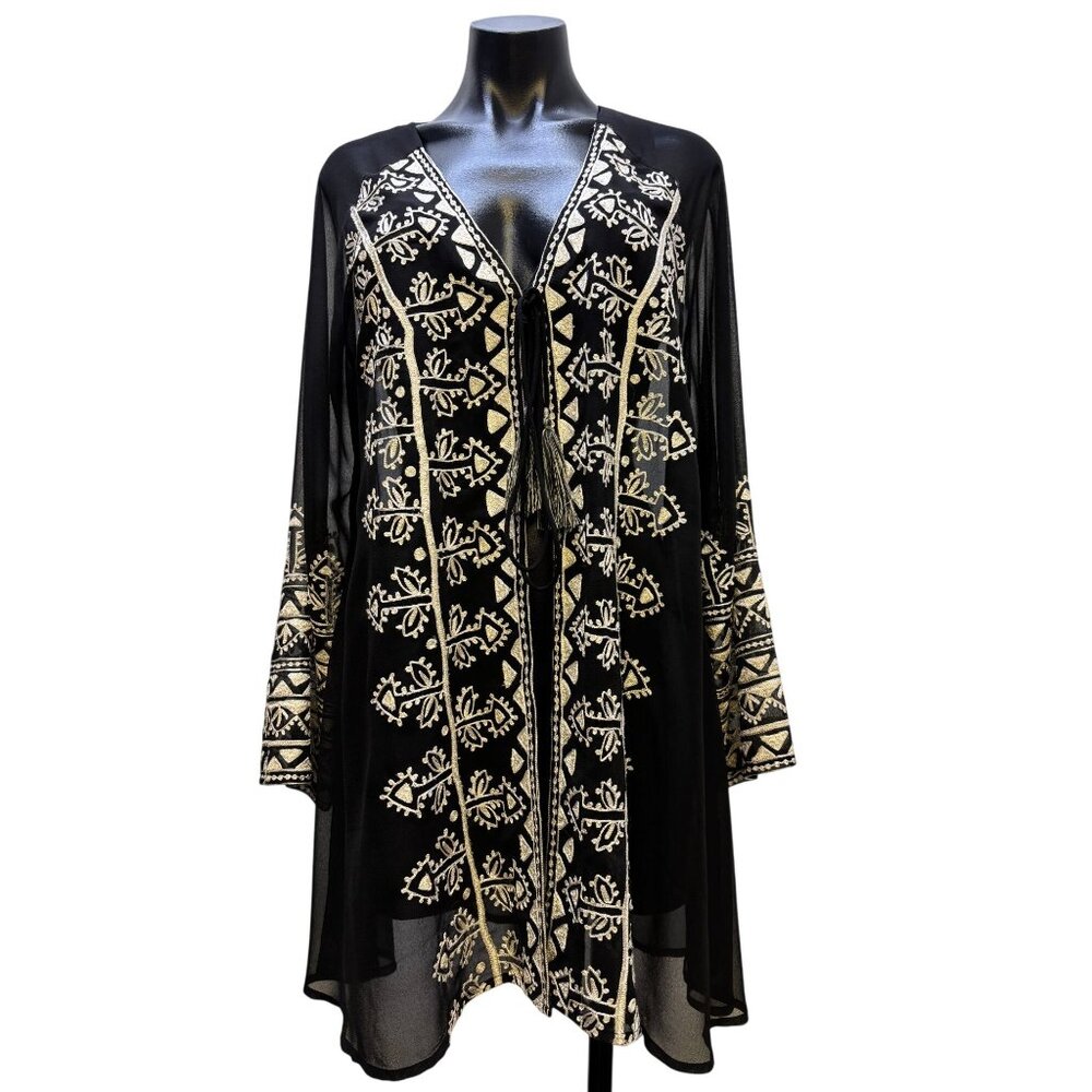 Roja Embroidered Black & Tan Sheer Bathing Suit Cover Duster Tassel Closure L